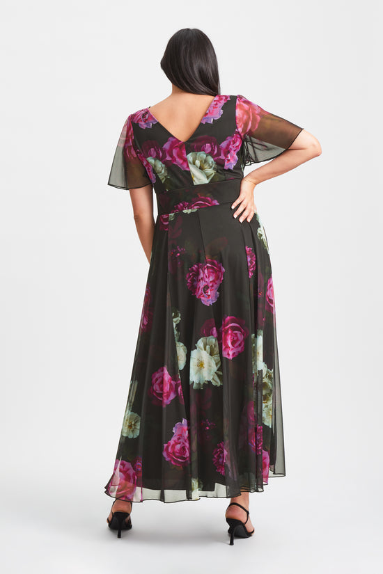 Isabelle Black Fuchsia Float Sleeve Maxi Dress