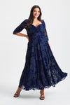 Elizabeth Dark Navy Flocked Mesh Maxi Gown