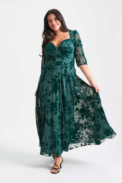 Elizabeth Dark Green Flocked Mesh Maxi Gown – Scarlett & Jo