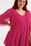 Cerise Spot Pleated V Neck Tunic