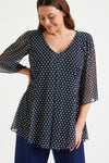Navy Spot Pleated V Neck Tunic
