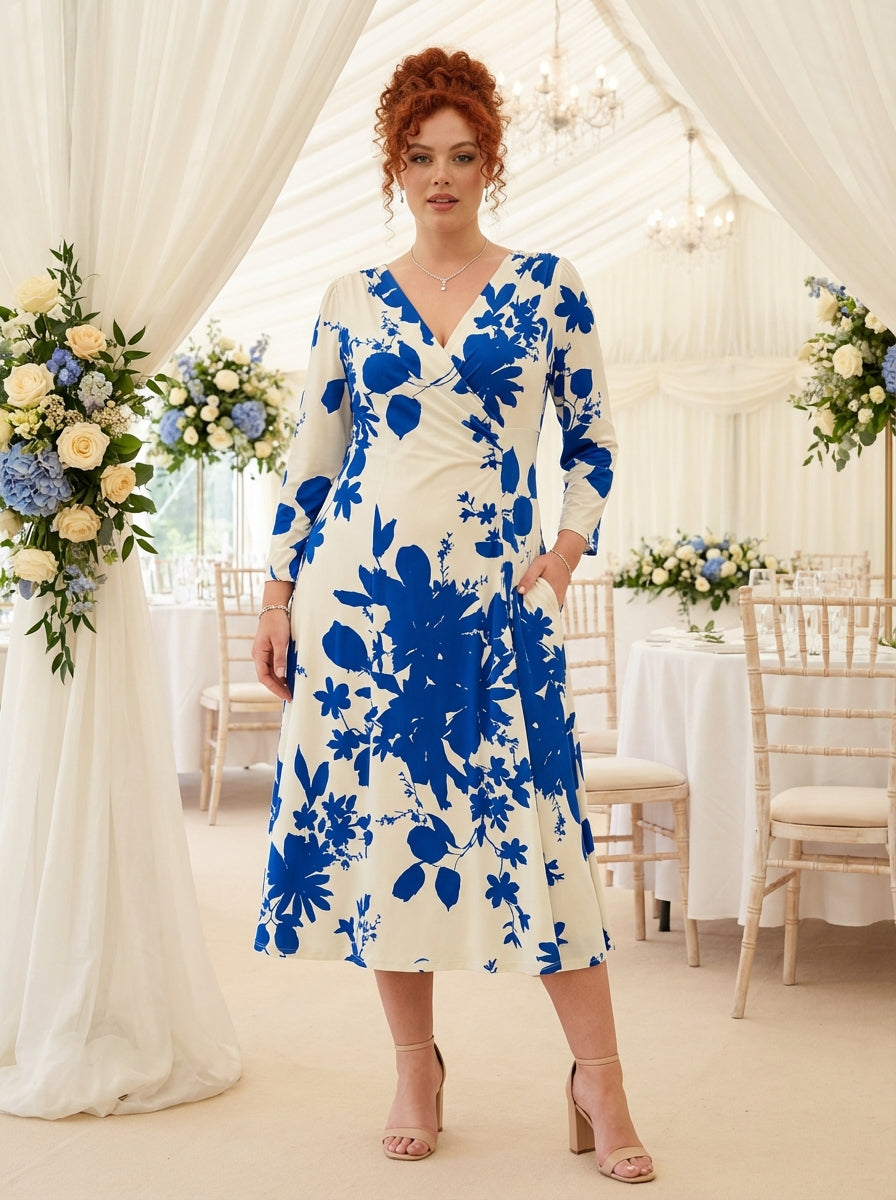Katie Ivory Blue Wrap Midi Dress