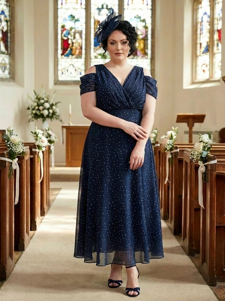 Petite Jasmine Navy Multi Dot Cold Shoulder Maxi Dress