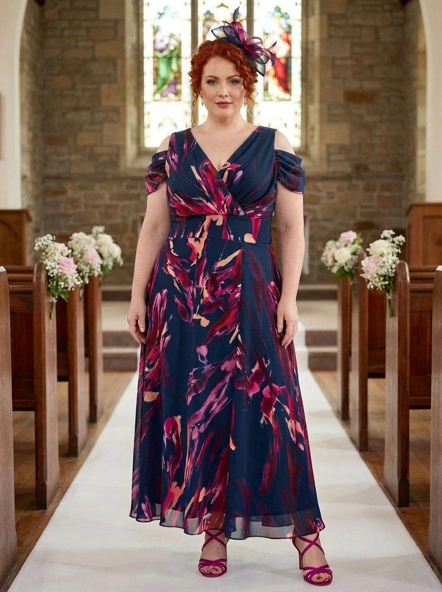 Petite Jasmine Navy Pink Cold Shoulder Maxi Dress