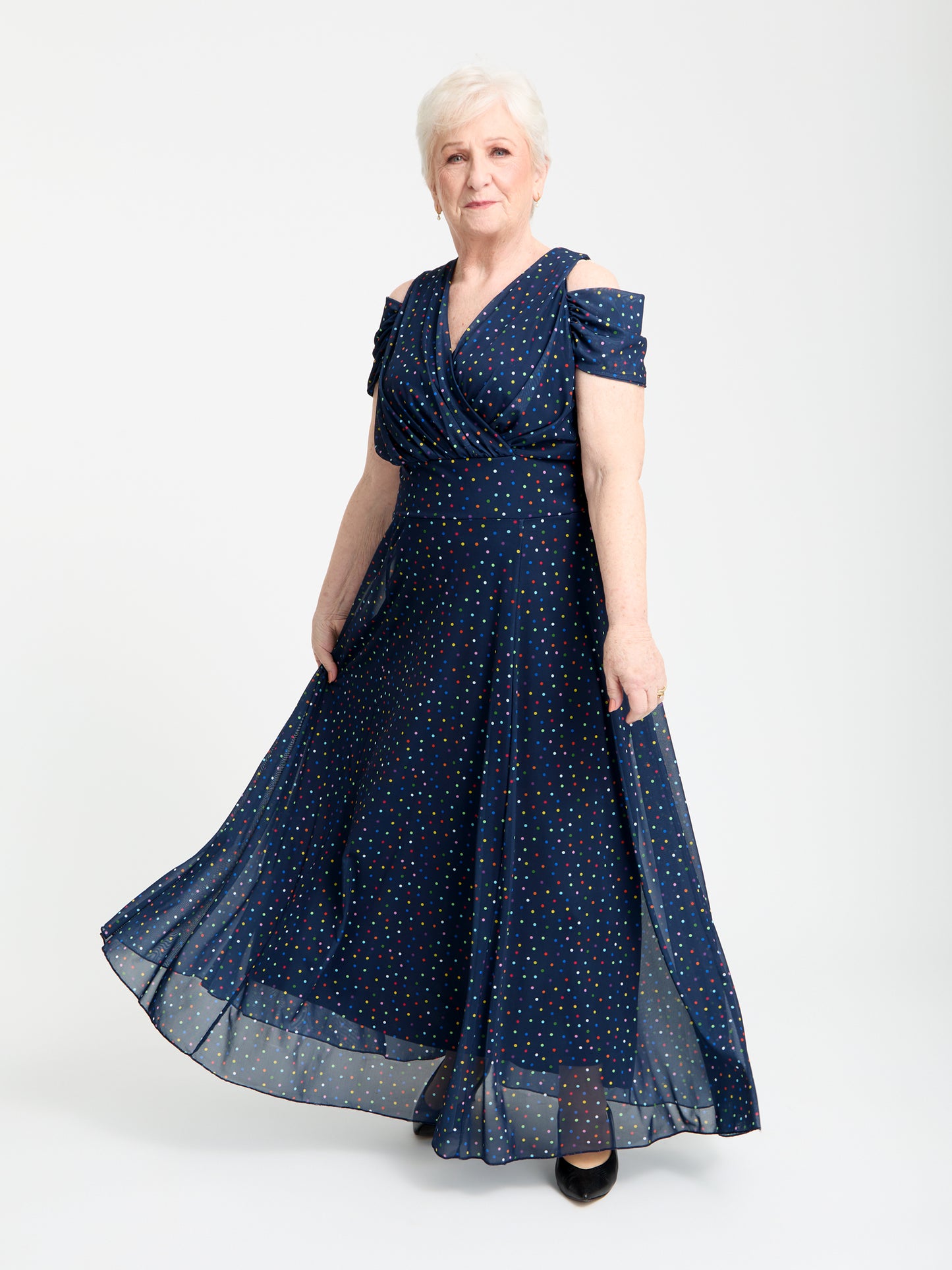 Petite Jasmine Navy Multi Dot Cold Shoulder Maxi Dress