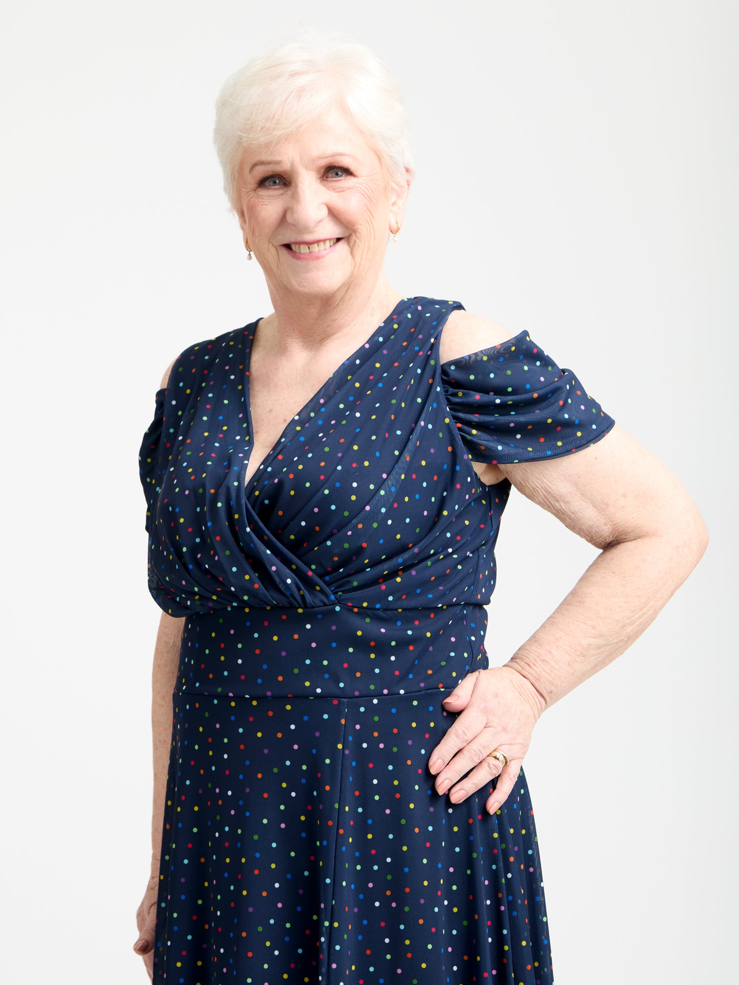 Petite Jasmine Navy Multi Dot Cold Shoulder Maxi Dress