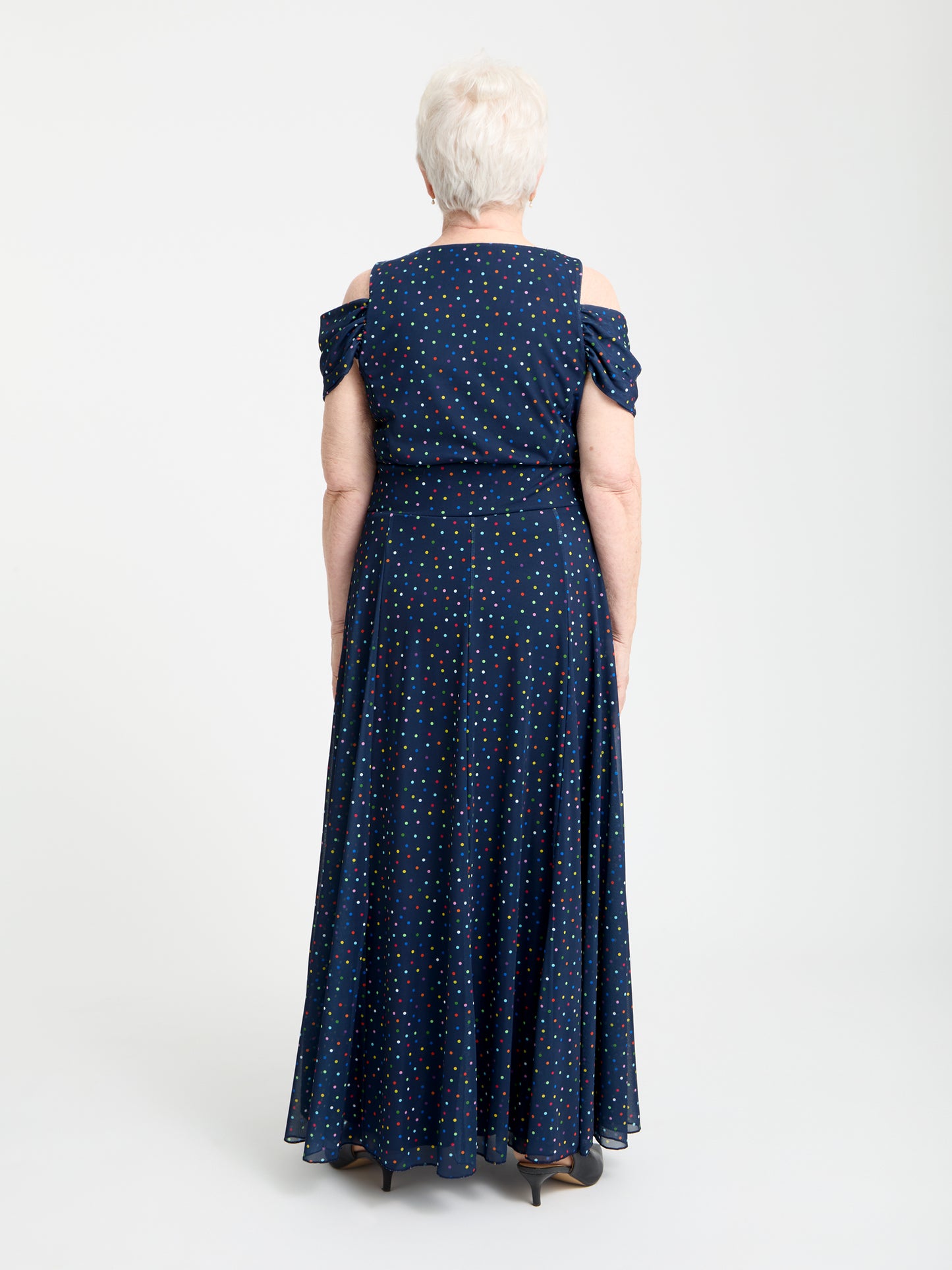 Petite Jasmine Navy Multi Dot Cold Shoulder Maxi Dress