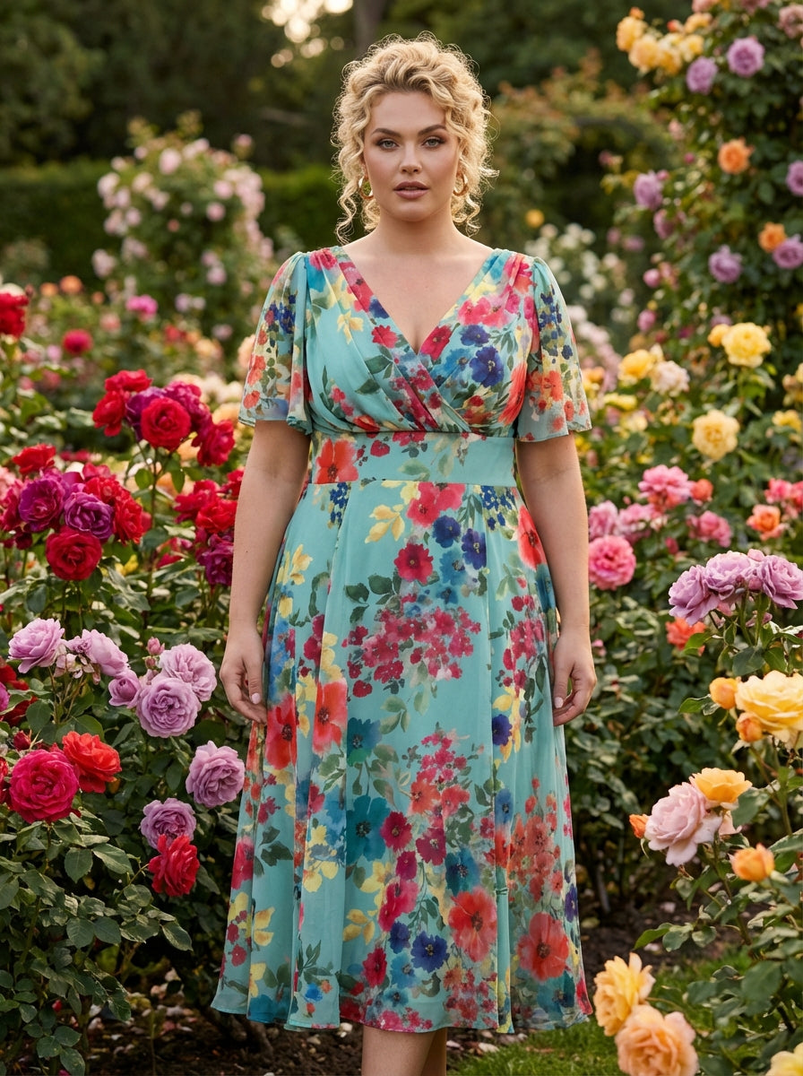 Victoria Soft Green Multi Angel Sleeve Mesh Long Midi Dress