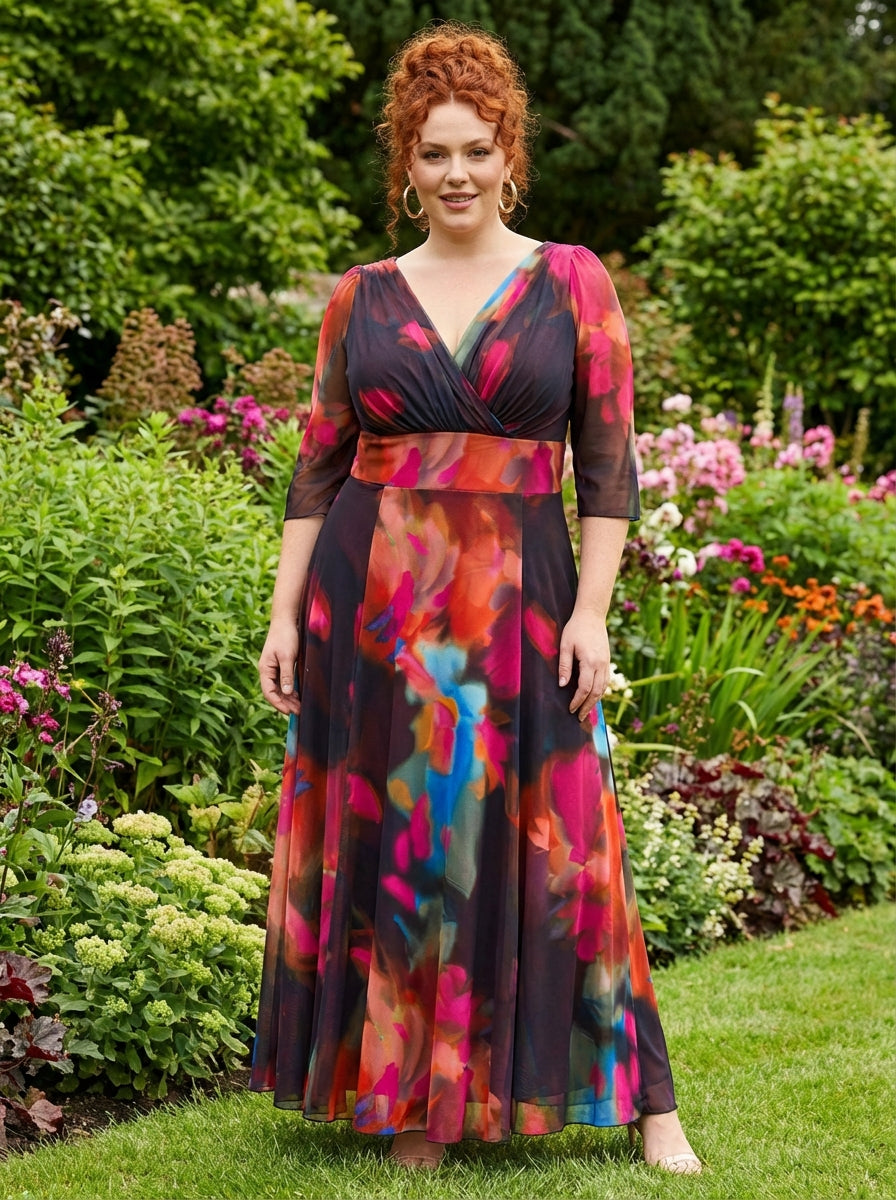 Verity Navy Orange Blue Print Maxi Gown