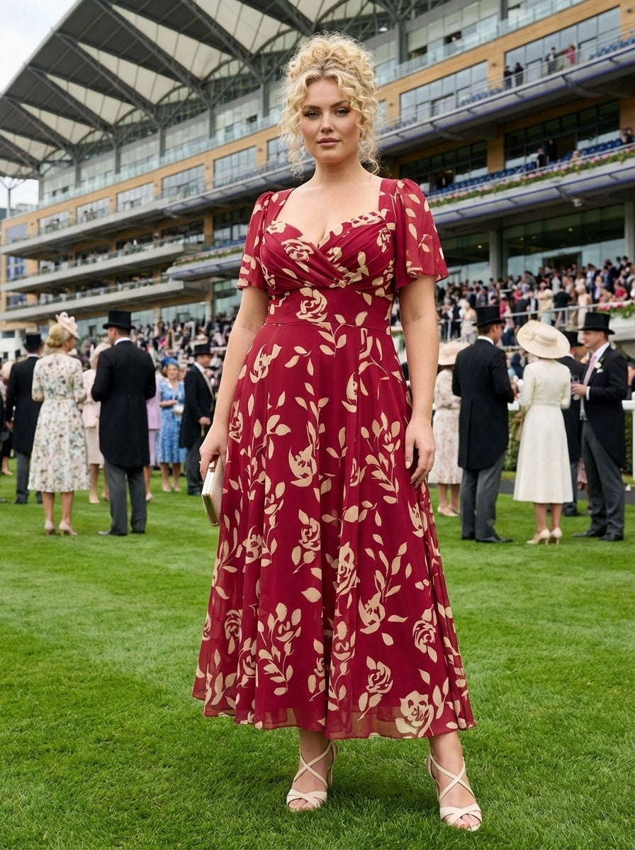 Kemi Red Cream Print Bolero Wrap Bodice Maxi Gown