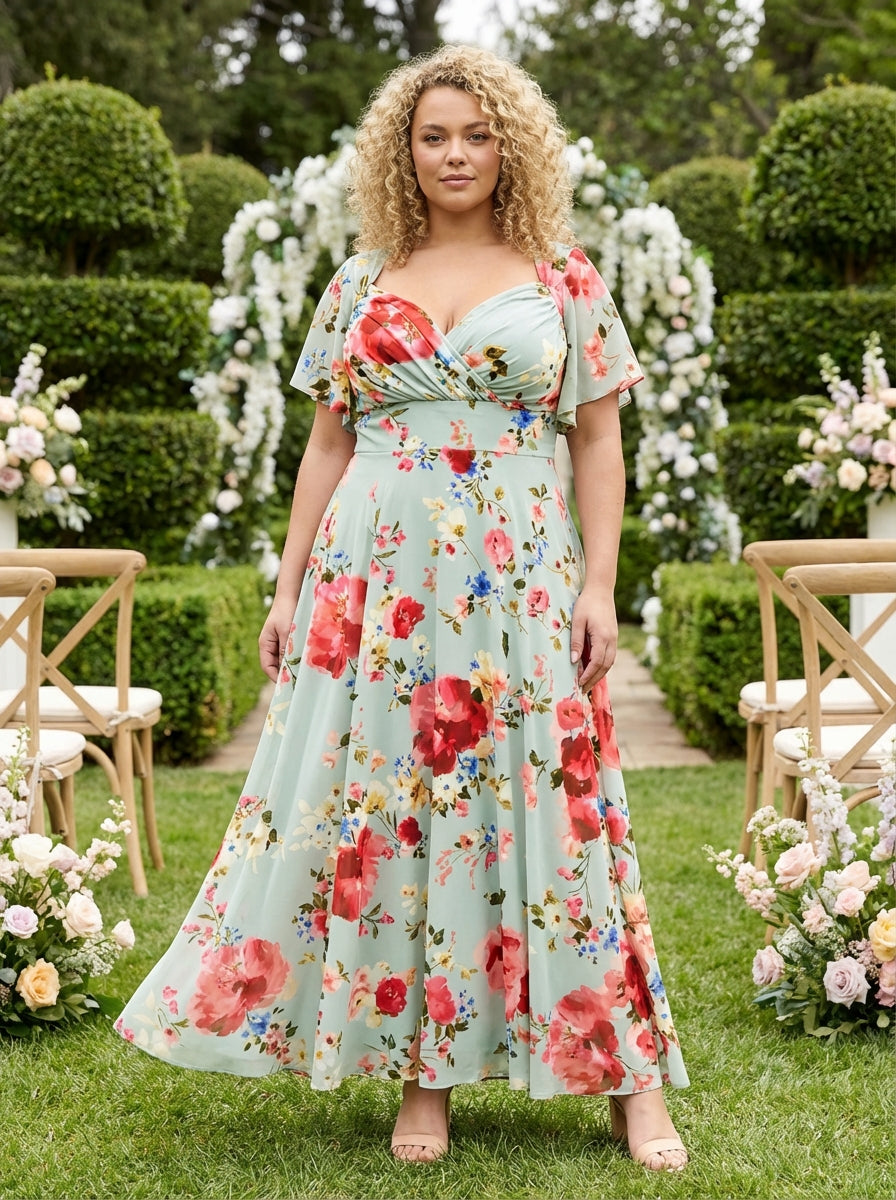 Kemi Silver Pink Print Bolero Wrap Bodice Maxi Gown