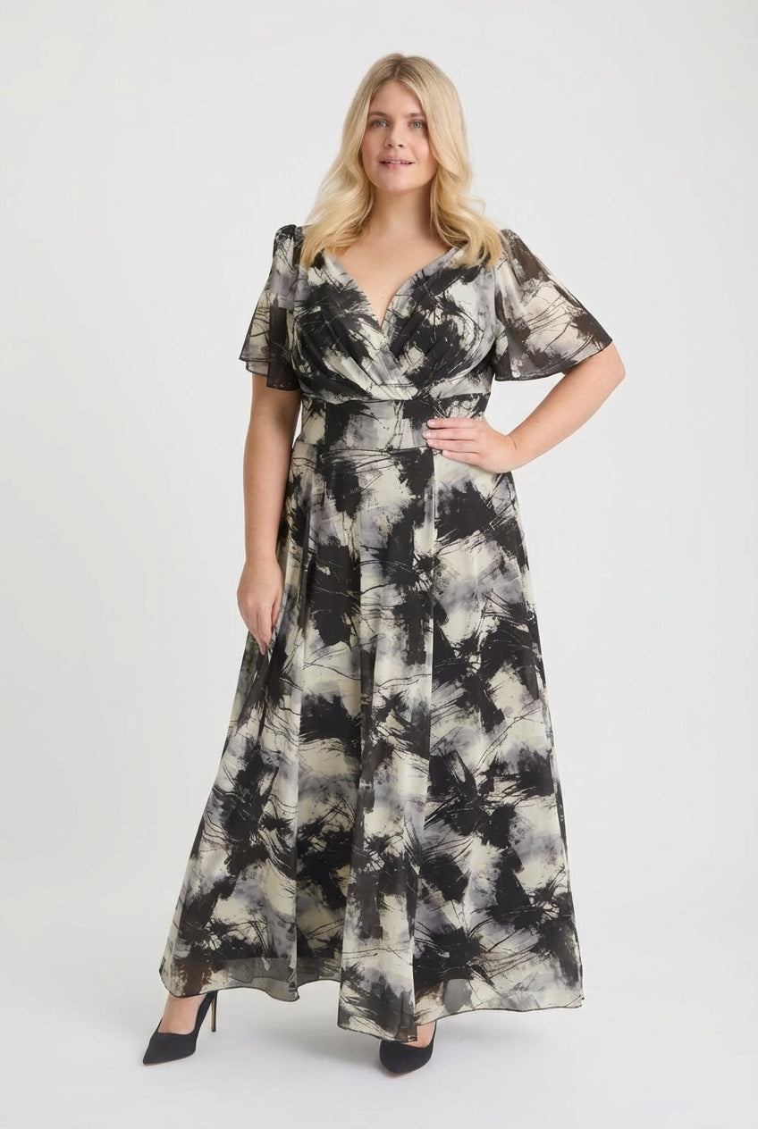 Isabelle Black Grey Ivory Float Sleeve Maxi Dress