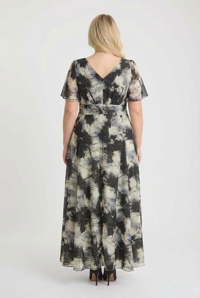 Isabelle Black Grey Ivory Float Sleeve Maxi Dress