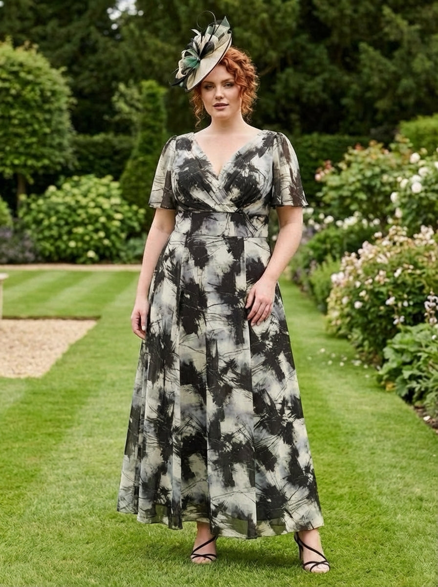 Isabelle Black Grey Ivory Float Sleeve Maxi Dress