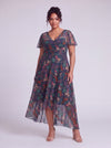 Tilly Blue Floral Print Angel Sleeve Sweetheart Dress