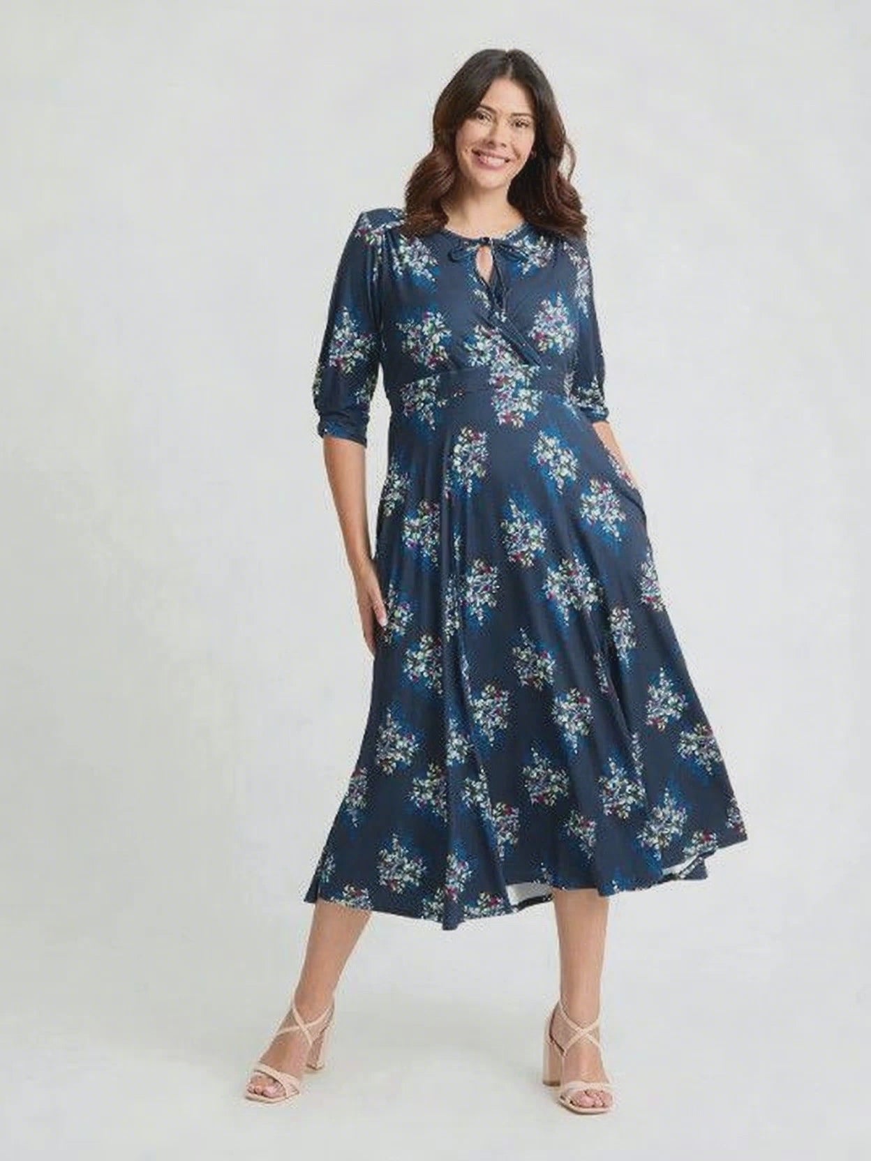 Load and play video in Gallery viewer, Navy Multi &amp;#39;1940s&amp;#39; Tie and Wrap Dress
