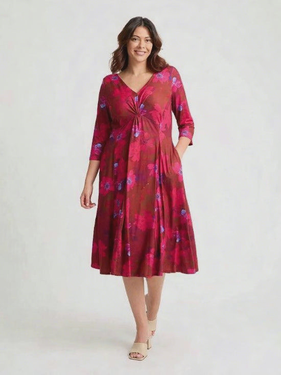 Load and play video in Gallery viewer, Claudia Maroon Red Jersey Knot Front Dress
