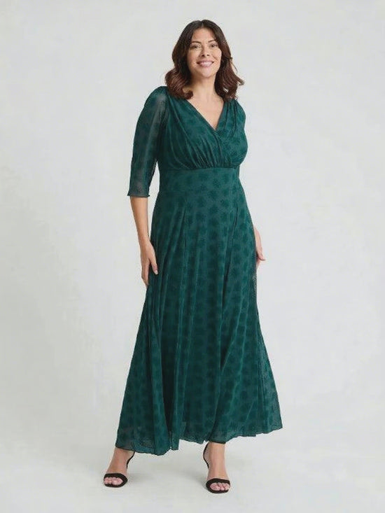 Load and play video in Gallery viewer, Verity Dark Green Flower Velvet Flock Maxi Gown
