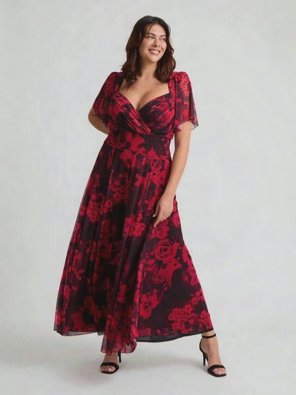 Kemi Black Red Print Bolero Wrap Bodice Maxi Gown