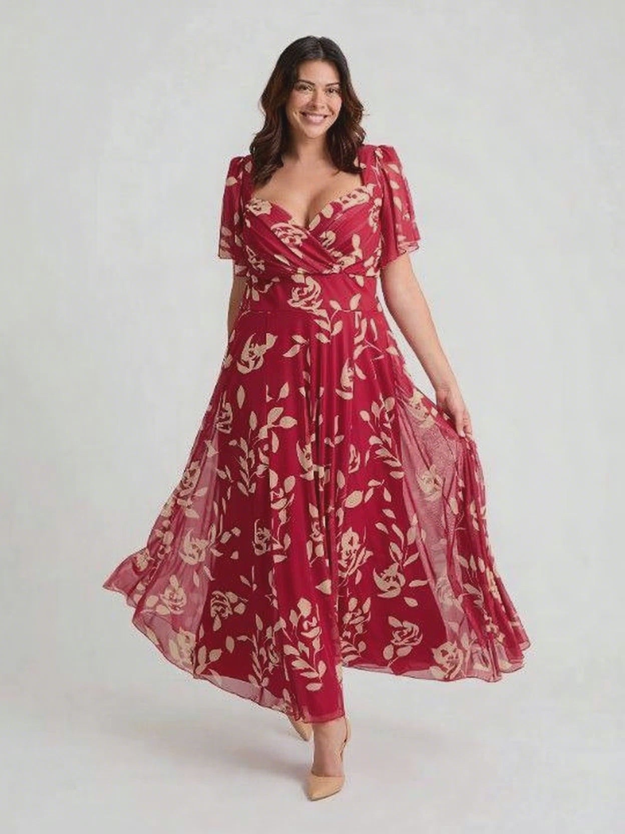 Kemi Red Cream Print Bolero Wrap Bodice Maxi Gown