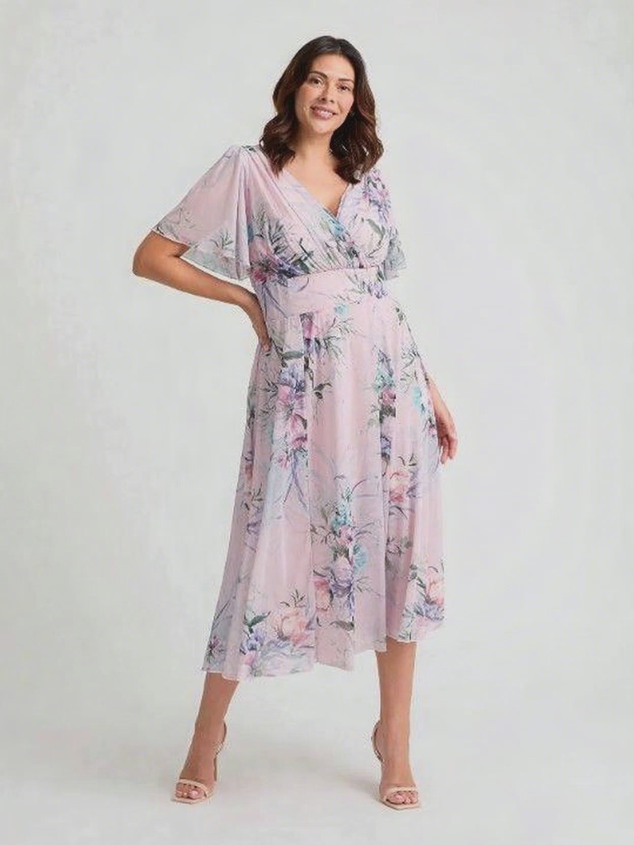 Load and play video in Gallery viewer, Victoria Pink Grey Angel Sleeve Mesh Long Midi Dress
