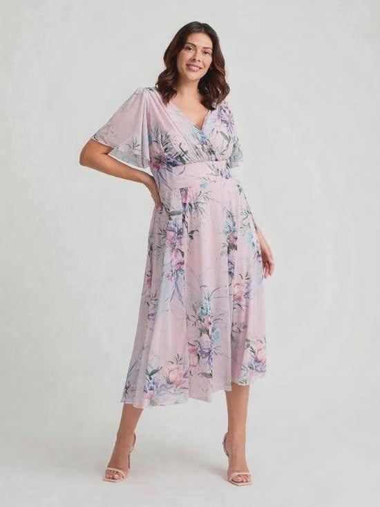 Load and play video in Gallery viewer, Victoria Pink Grey Angel Sleeve Mesh Long Midi Dress
