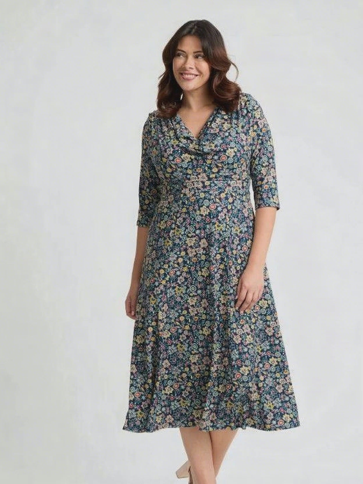 Load and play video in Gallery viewer, Teal Yellow Red Cowl Neck &amp;#39;1940s&amp;#39; Dress
