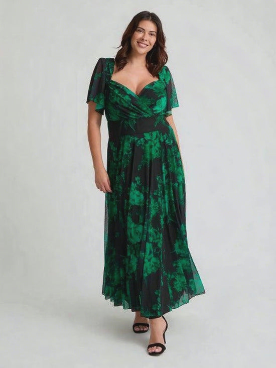 Load and play video in Gallery viewer, Kemi Black Green Print Bolero Wrap Bodice Maxi Gown
