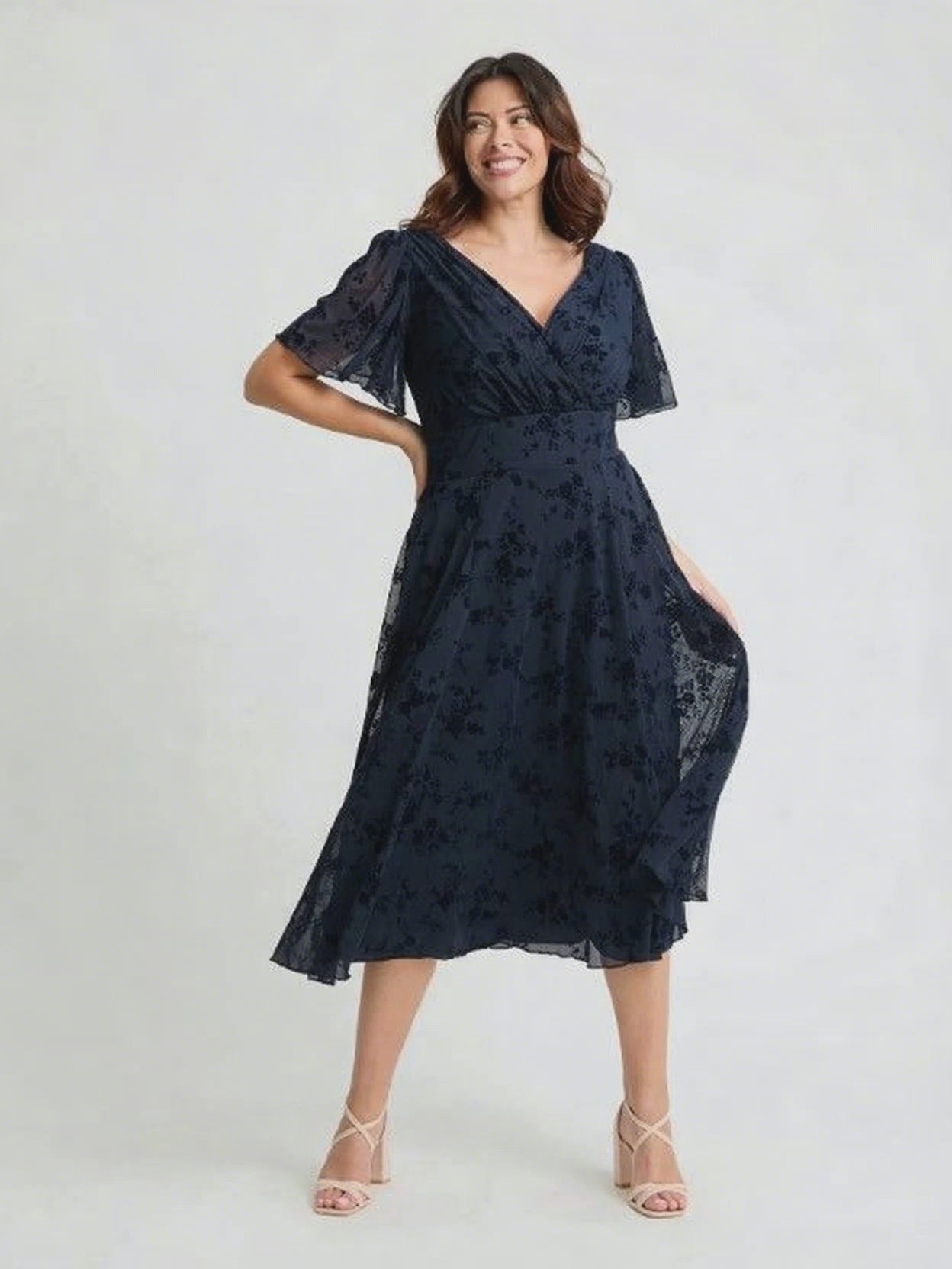 Victoria Navy Flower Velvet Flock Angel Sleeve Mesh Long Midi Dress