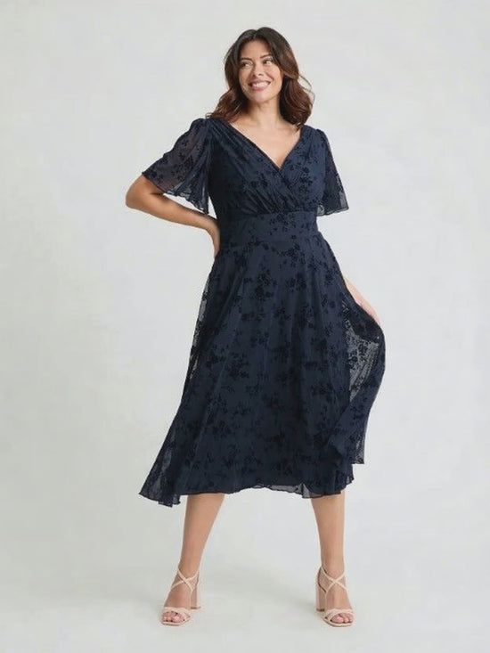 Load and play video in Gallery viewer, Victoria Navy Flower Velvet Flock Angel Sleeve Mesh Long Midi Dress
