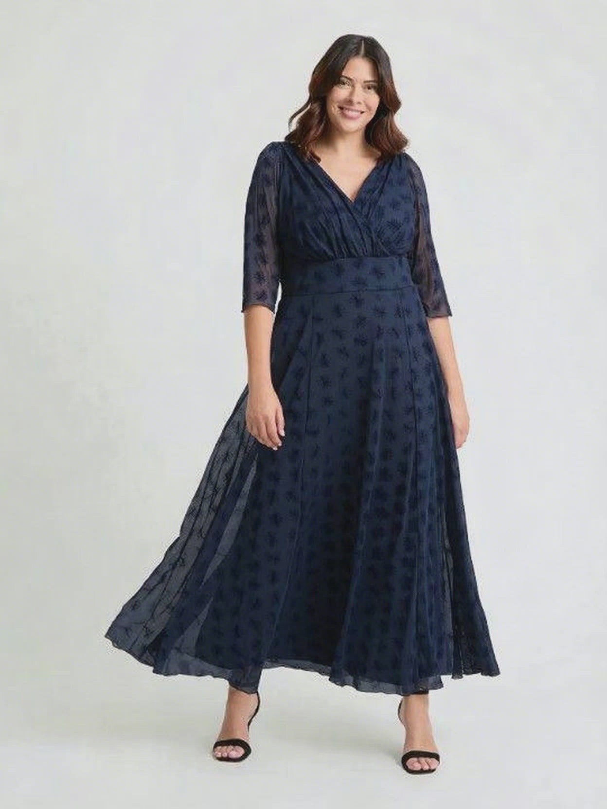 Load and play video in Gallery viewer, Verity Dark Navy Flower Velvet Flock Maxi Gown
