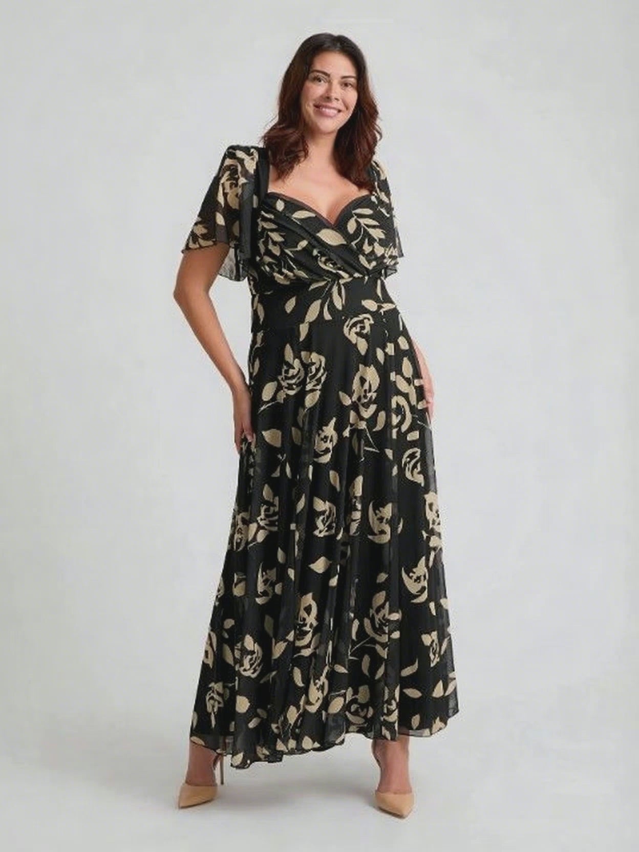 Kemi Black Cream Print Bolero Wrap Bodice Maxi Gown
