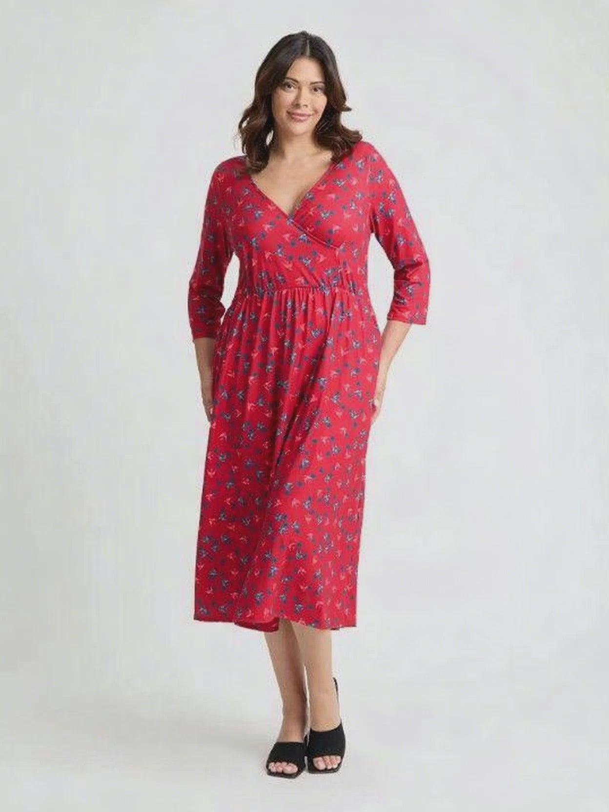1940s Wrap Front Red Teal Midi Dress