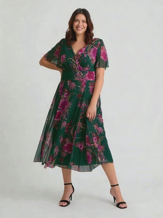 Load and play video in Gallery viewer, Victoria Green Pink Angel Sleeve Mesh Long Midi Dress
