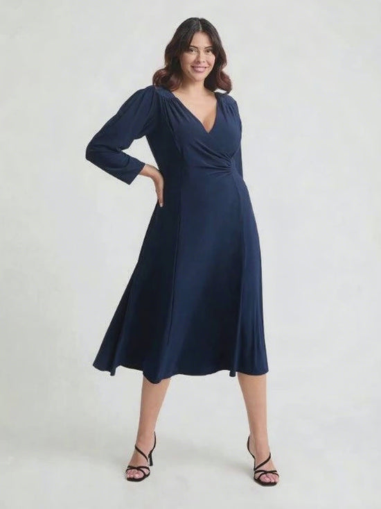 Load and play video in Gallery viewer, Louise Navy Wrap Fit &amp;amp; Flare Dress

