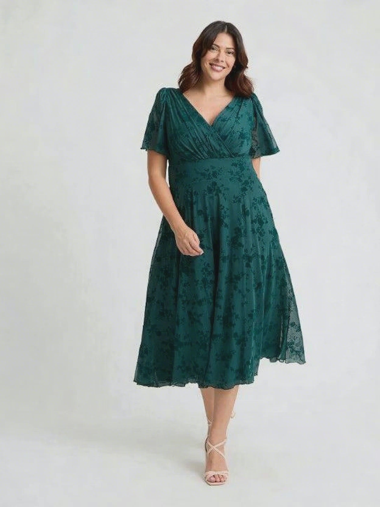 Victoria Green Flower Velvet Flock Angel Sleeve Mesh Long Midi Dress