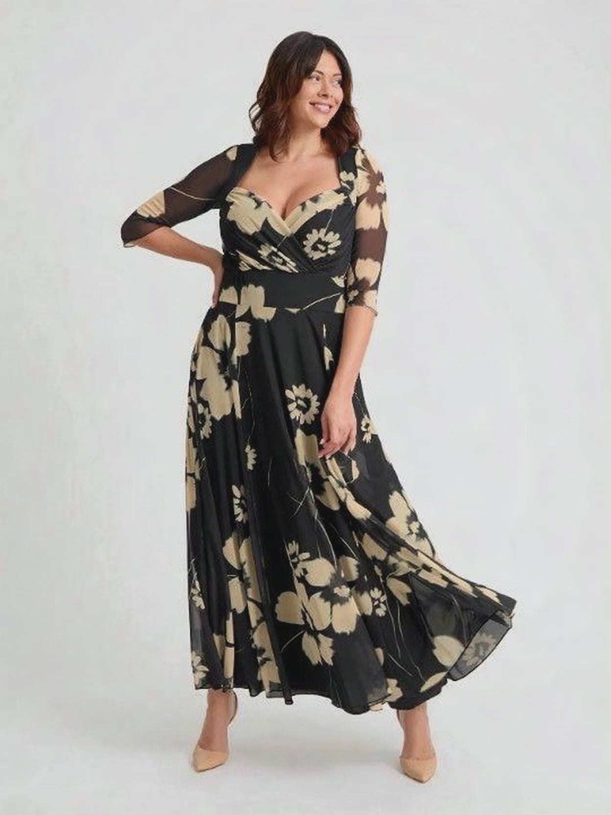 Load and play video in Gallery viewer, Elizabeth Black Cream Print Mesh Bolero Wrap Bodice Maxi Gown
