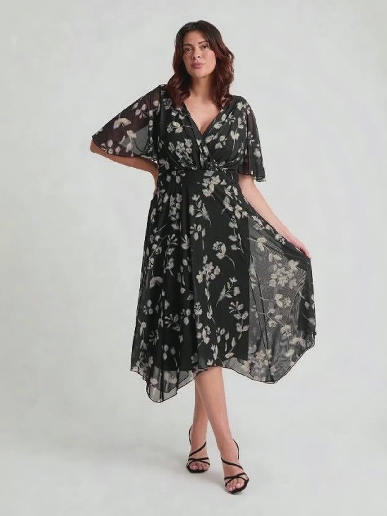 Load and play video in Gallery viewer, Julie Black Grey Cream Hanky Hem Dress
