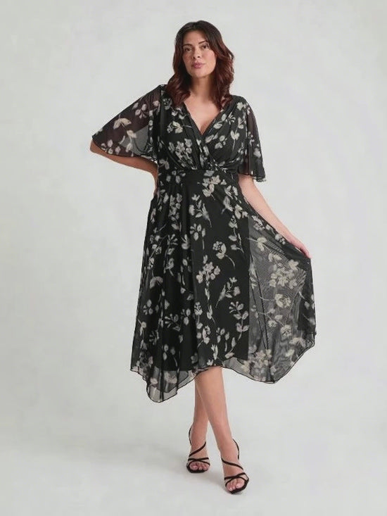 Load and play video in Gallery viewer, Julie Black Grey Cream Hanky Hem Dress
