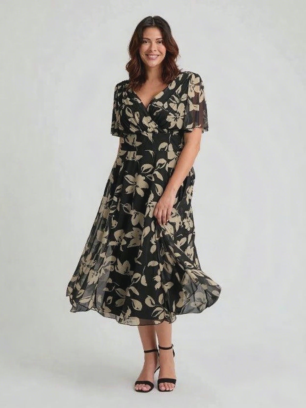 Victoria Black Cream Angel Sleeve Mesh Long Midi Dress