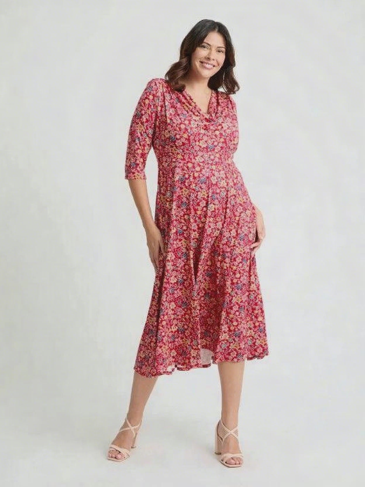 Load and play video in Gallery viewer, Red Yellow Teal Cowl Neck &amp;#39;1940s&amp;#39; Dress
