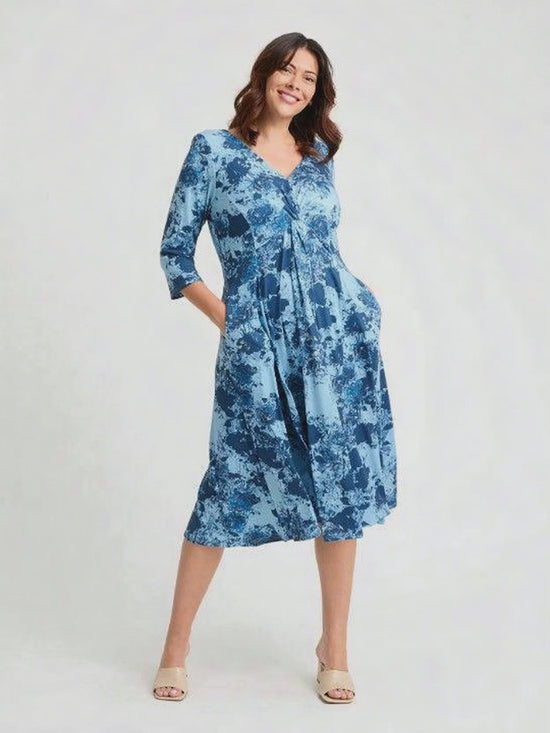 Load and play video in Gallery viewer, Claudia Blue Vintage Rose Jersey Knot Front Dress
