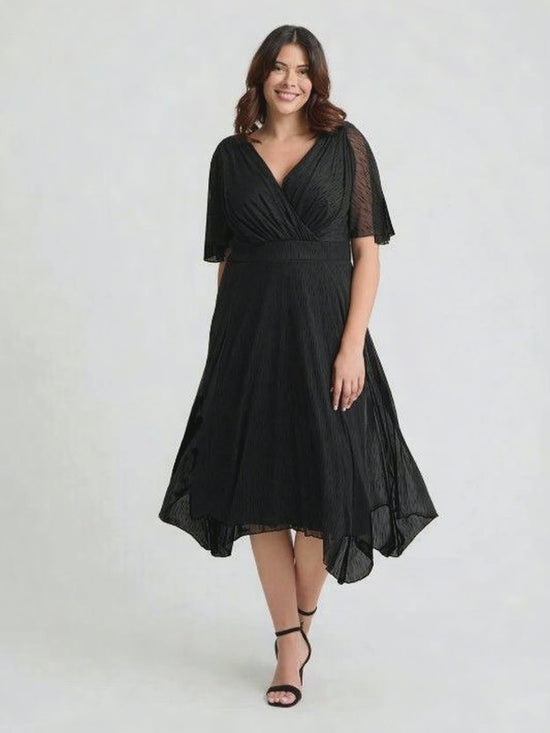 Load and play video in Gallery viewer, Julie Black Graphic Velvet Flock Hanky Hem Dress
