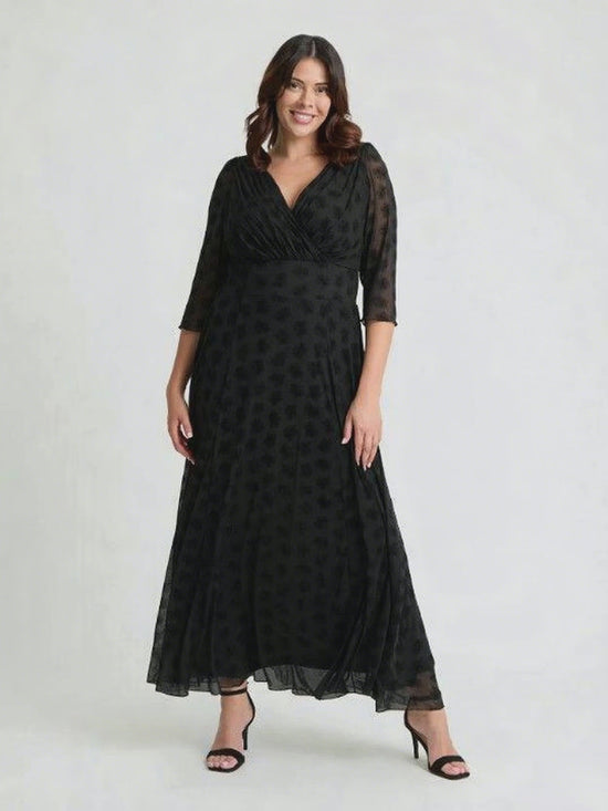 Load and play video in Gallery viewer, Verity Black Flower Velvet Flock Maxi Gown
