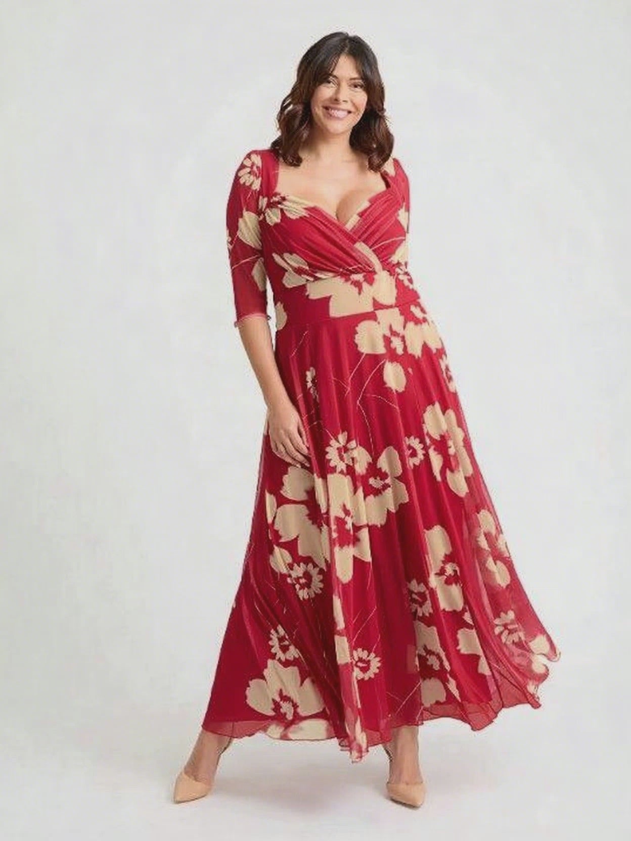 Load and play video in Gallery viewer, Elizabeth Red Cream Print Mesh Bolero Wrap Bodice Maxi Gown
