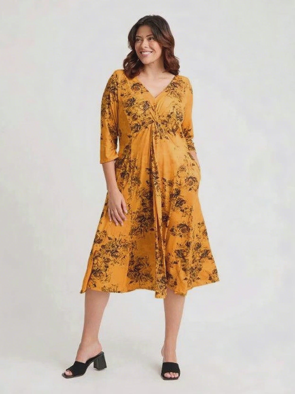 Load and play video in Gallery viewer, Claudia Mustard Rose Jersey Knot Front Dress
