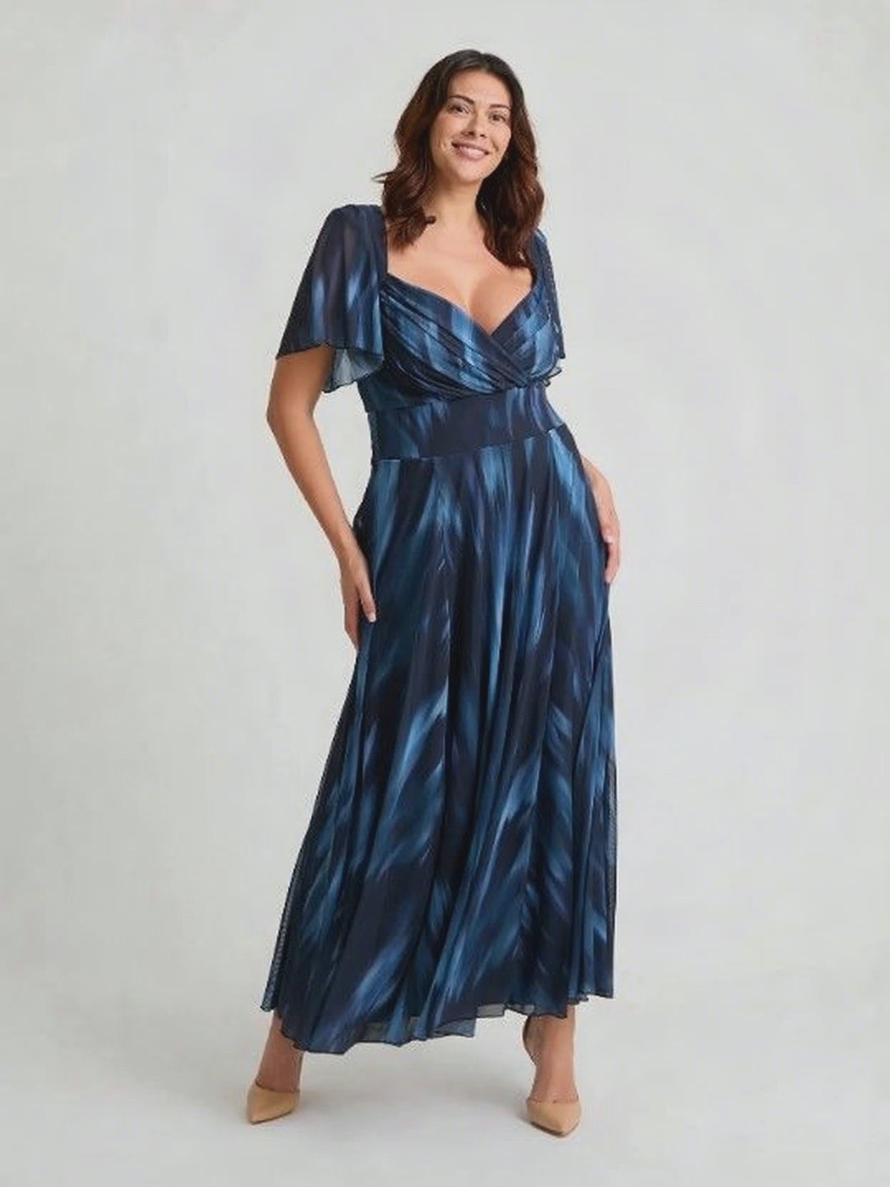 Load and play video in Gallery viewer, Kemi Navy Ombre Print Bolero Wrap Bodice Maxi Gown
