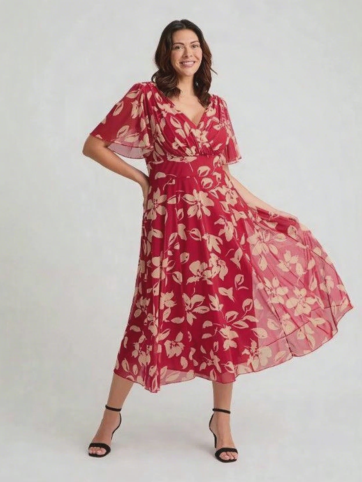 Victoria Red Cream Angel Sleeve Mesh Long Midi Dress