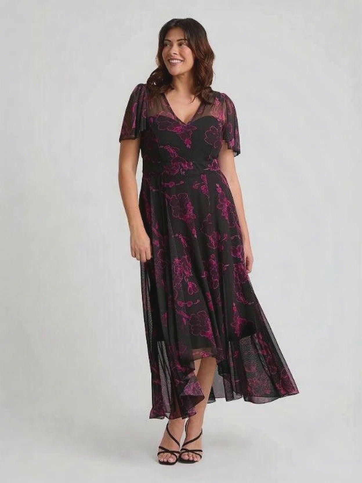 Tilly Black Magenta Angel Sleeve Sweetheart Dress