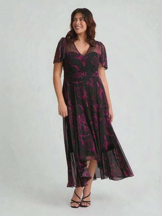 Load and play video in Gallery viewer, Tilly Black Magenta Angel Sleeve Sweetheart Dress
